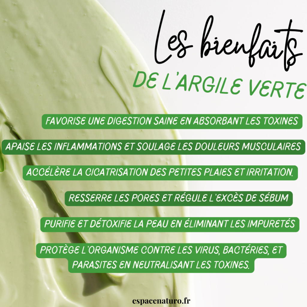 Infographie des bienfaits de l'argile verte.