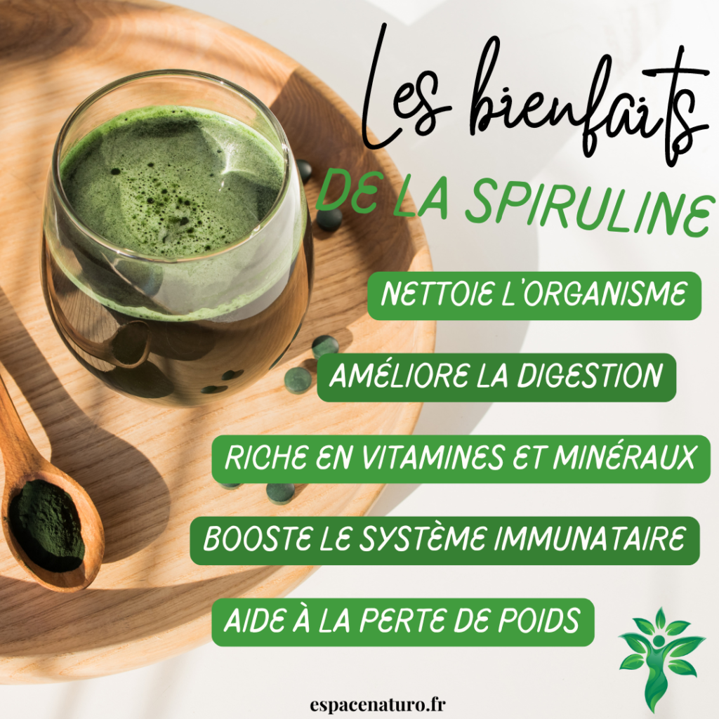 Infographie illustrant les principaux bienfaits de la spiruline sur la santé.