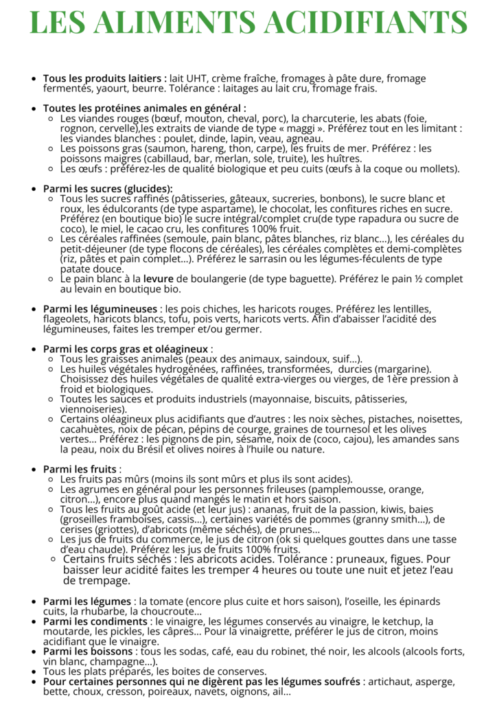 Liste des aliments acidifiants qui peuvent perturber l'équilibre acido-basique.