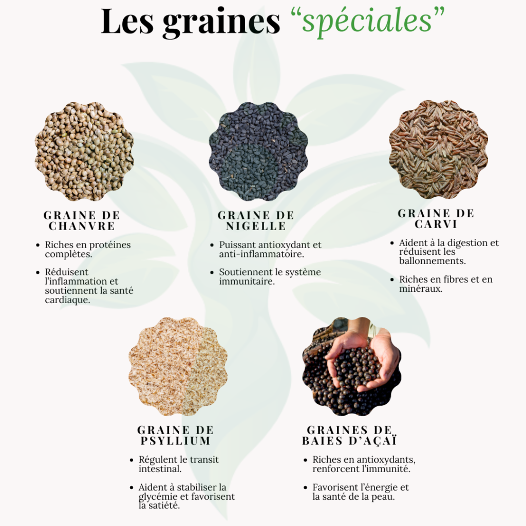 Infographie sur les graines spéciales comme la nigelle, le chanvre et le psyllium.