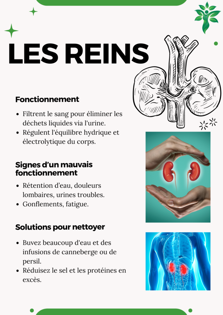 Illustration des reins, montrant leur rôle de filtre et proposant des solutions naturelles pour les soutenir.