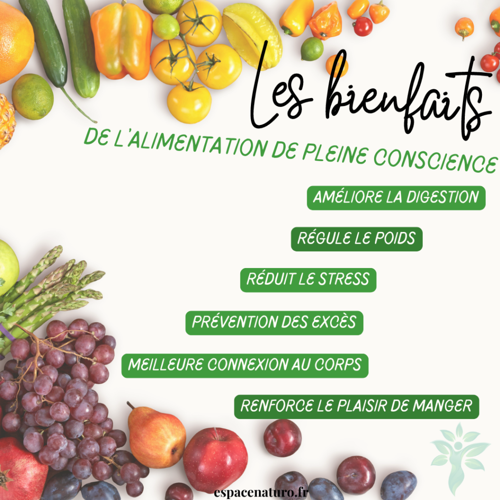 Les bienfaits de l'alimentation en pleine conscience : améliore la digestion, régule le poids, réduit le stress, et plus encore.