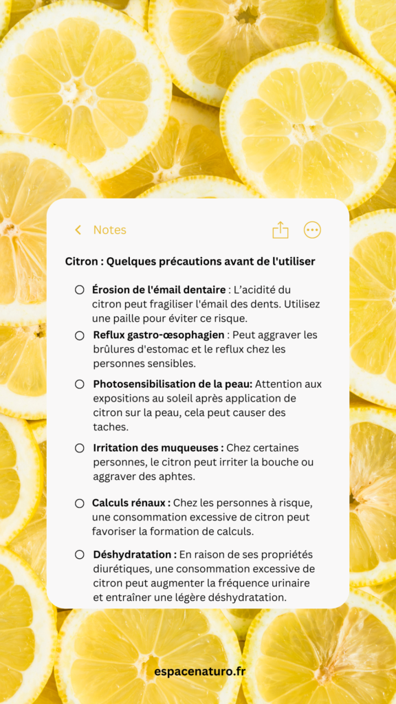 Liste des précautions d’usage du citron sur fond de citrons.