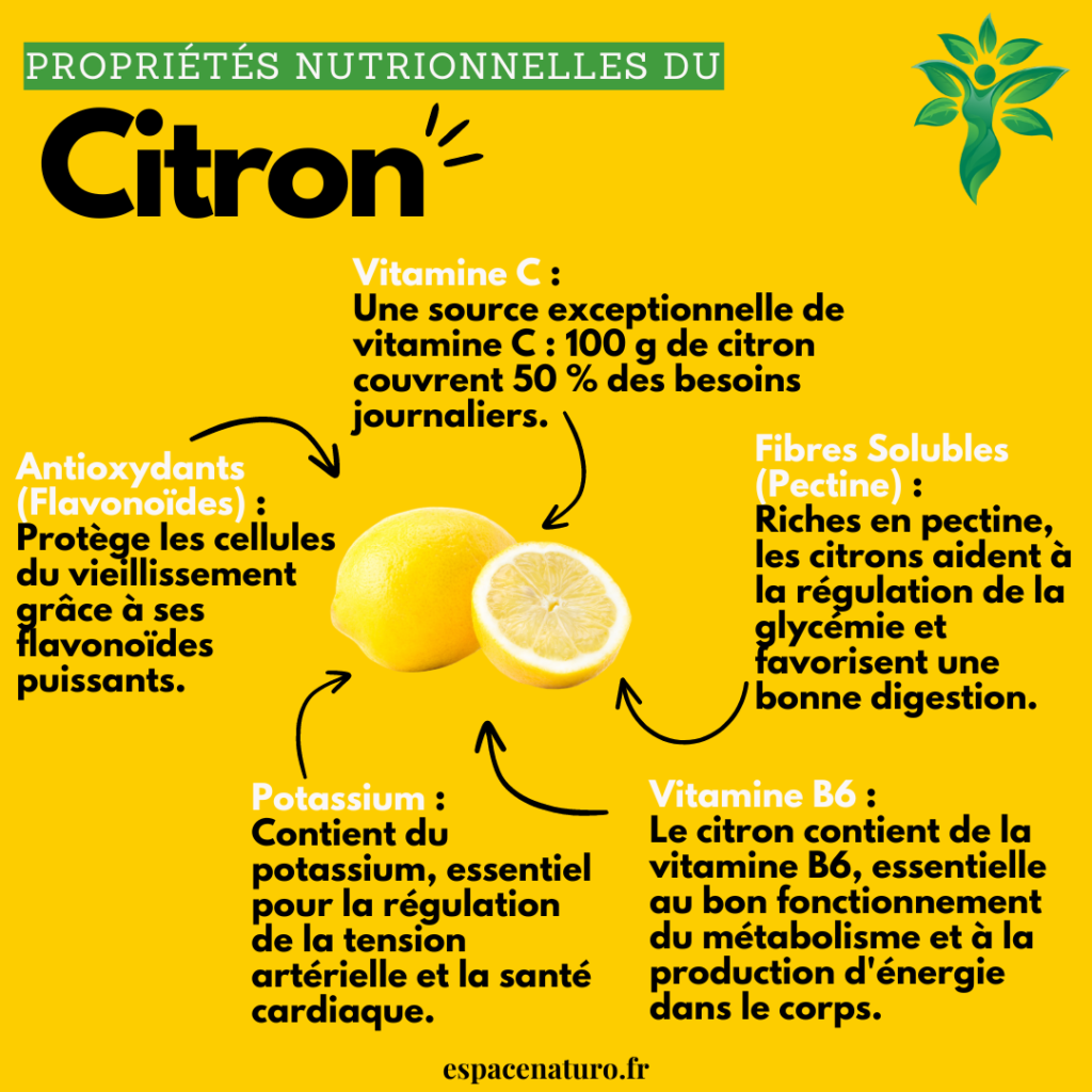 Infographie des propriétés nutritionnelles du citron avec vitamine C, fibres, antioxydants, potassium, et vitamine B6.