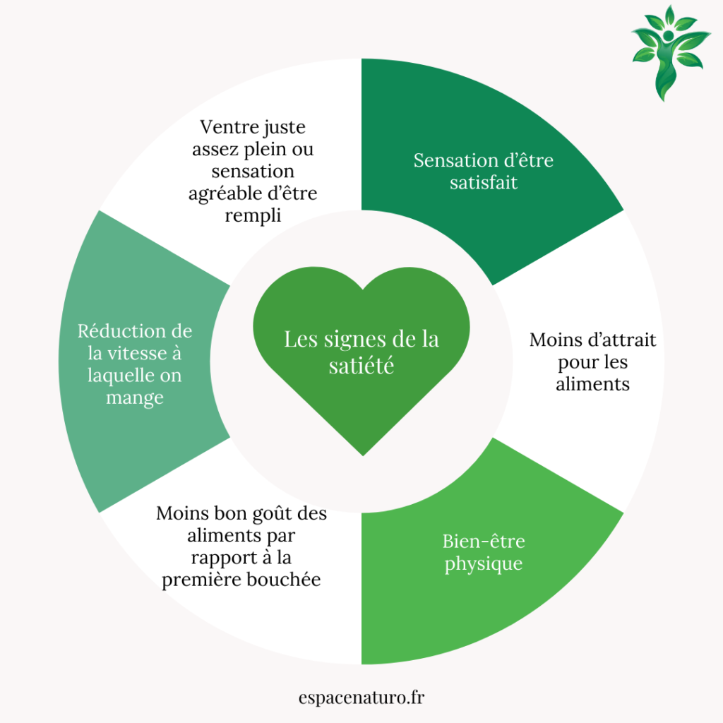 Infographie représentant les signes de la satiété : satisfaction, réduction de la vitesse de mastication, et autres signes physiques.