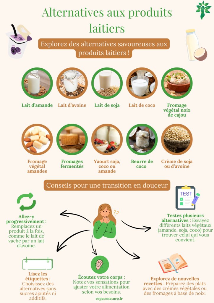 Infographie illustrant les alternatives végétales aux produits laitiers et des conseils pour les intégrer.