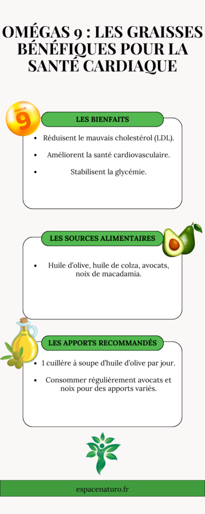 Infographie sur les omégas 9 : bienfaits et sources.