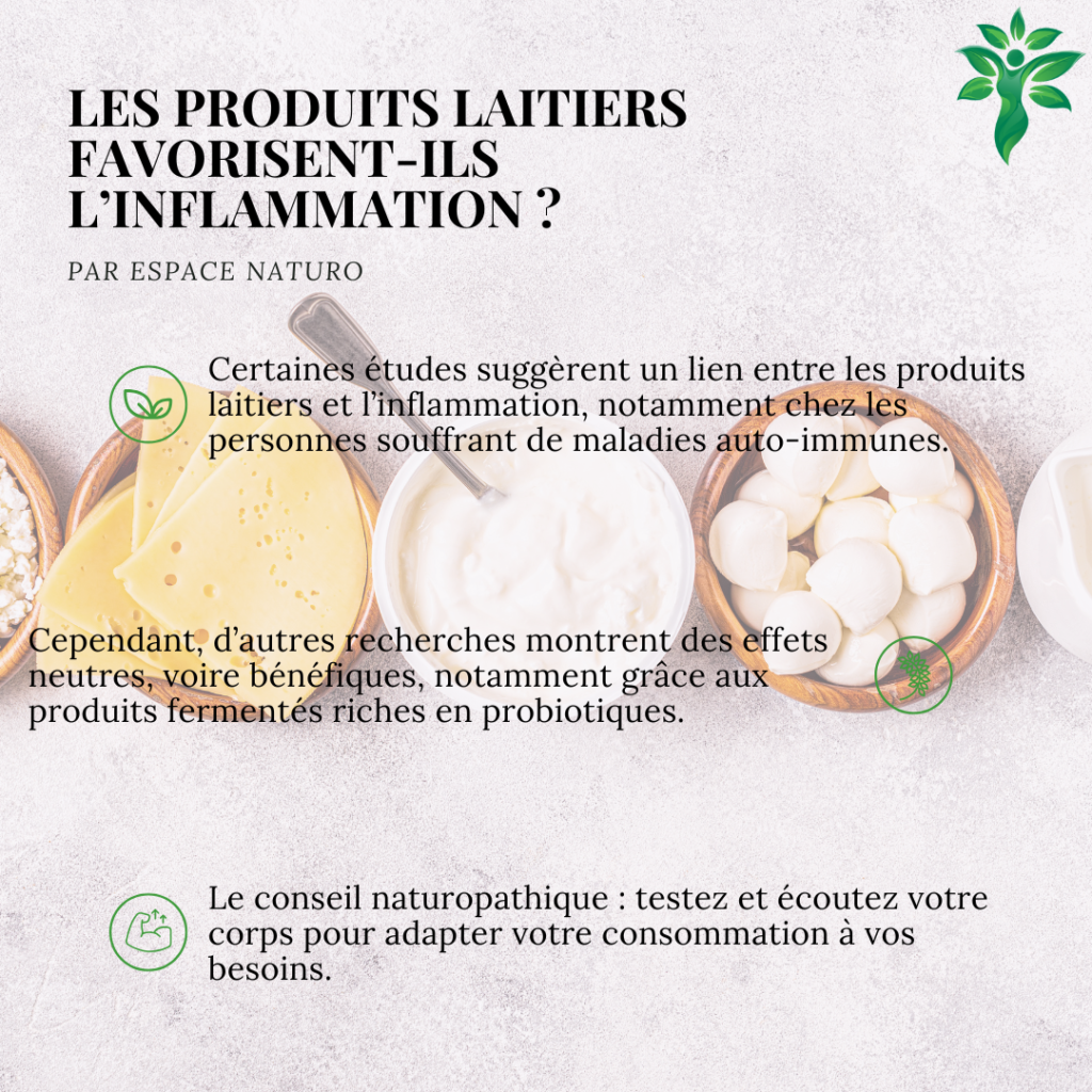 Infographie expliquant les liens entre produits laitiers et inflammation, avec un focus sur les produits fermentés.