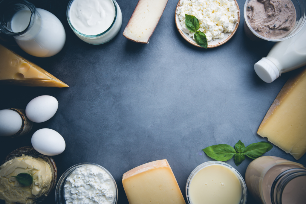 Plateau de produits laitiers incluant fromage, yaourt, lait, beurre et œufs