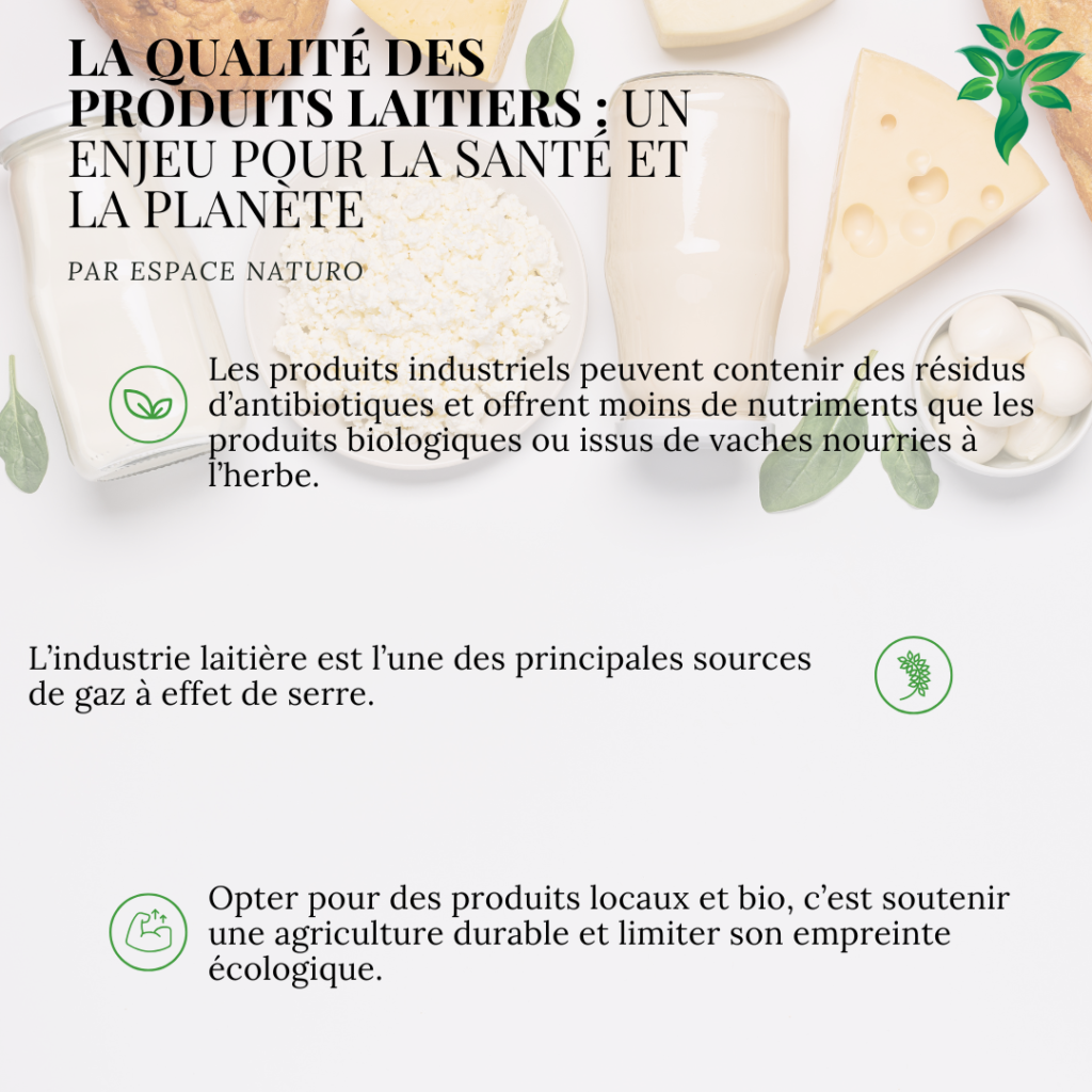 Infographie sur la qualité des produits laitiers et les bénéfices des options biologiques.