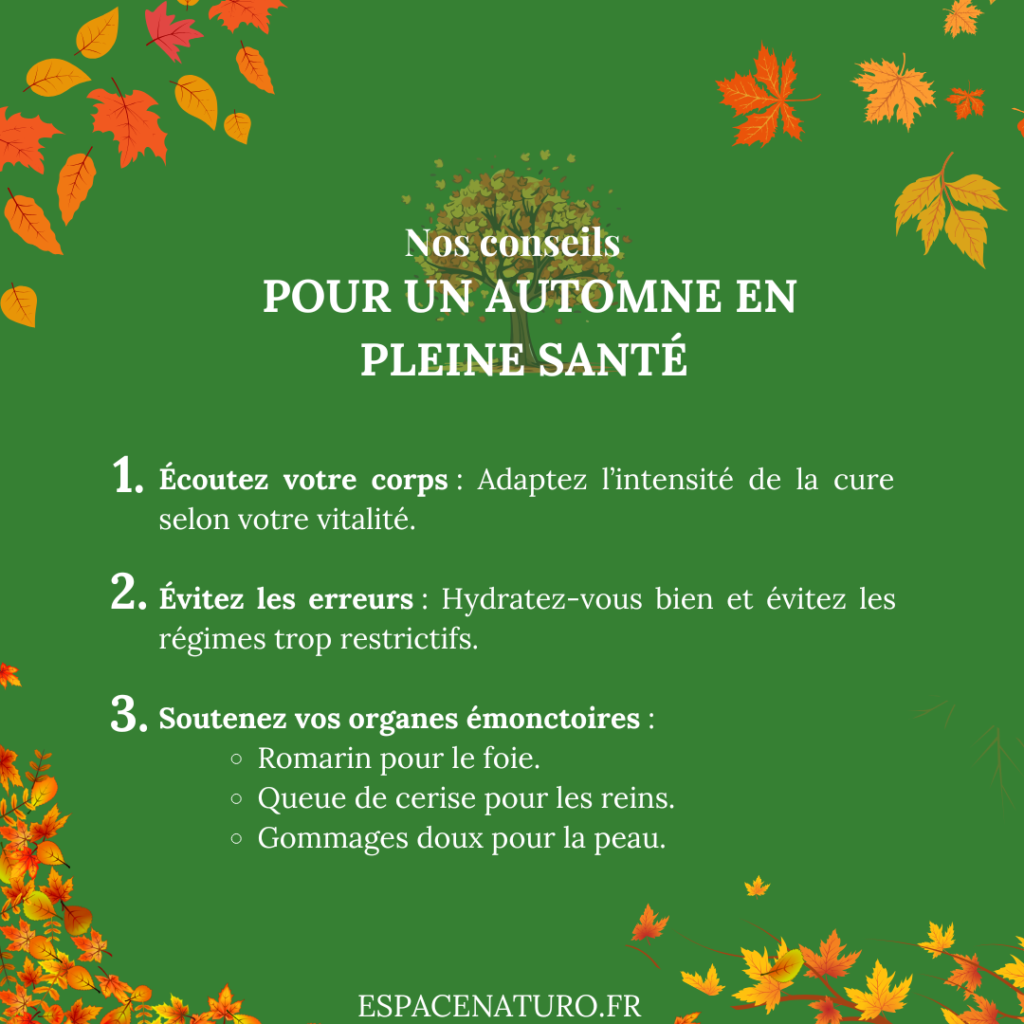 Infographie avec des conseils pratiques pour une cure d’automne efficace.